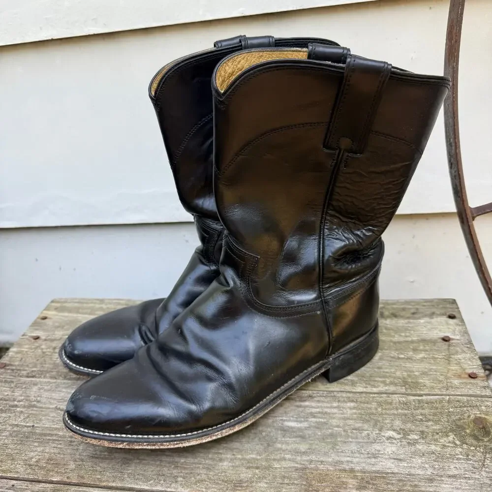 Justin Black Roper Round Toe Cowboy Western Leather Boots Style 3133 Size 9.5D